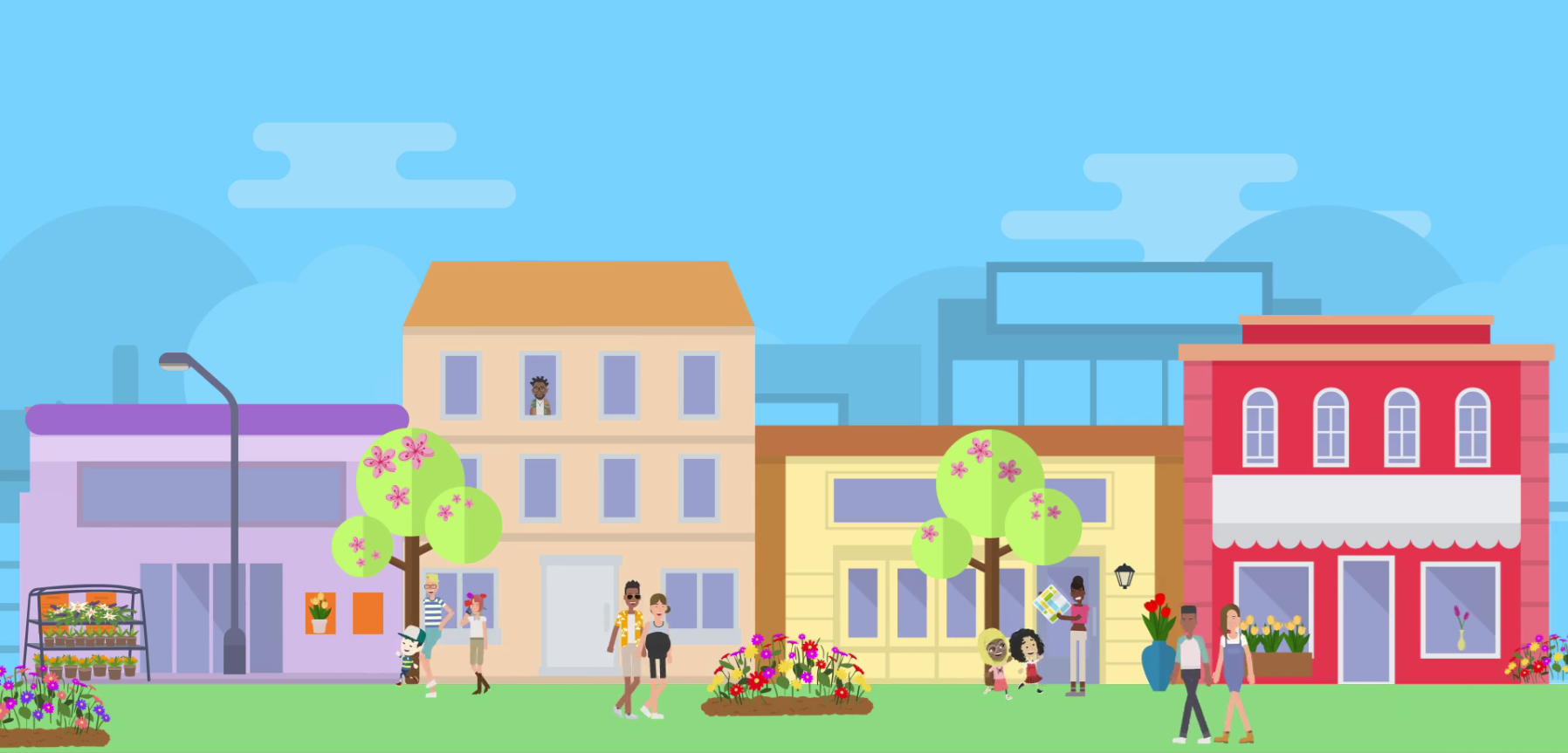 a picture that illustrates spring nature, flowers, houses and people walking here and there enjoying the spring weather